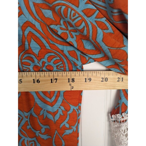Yahada BOHO TUNIC Blouse Shirt Top Small Orange Teal Crochet LACE 3/4 Sleeve‎ - Picture 6 of 7